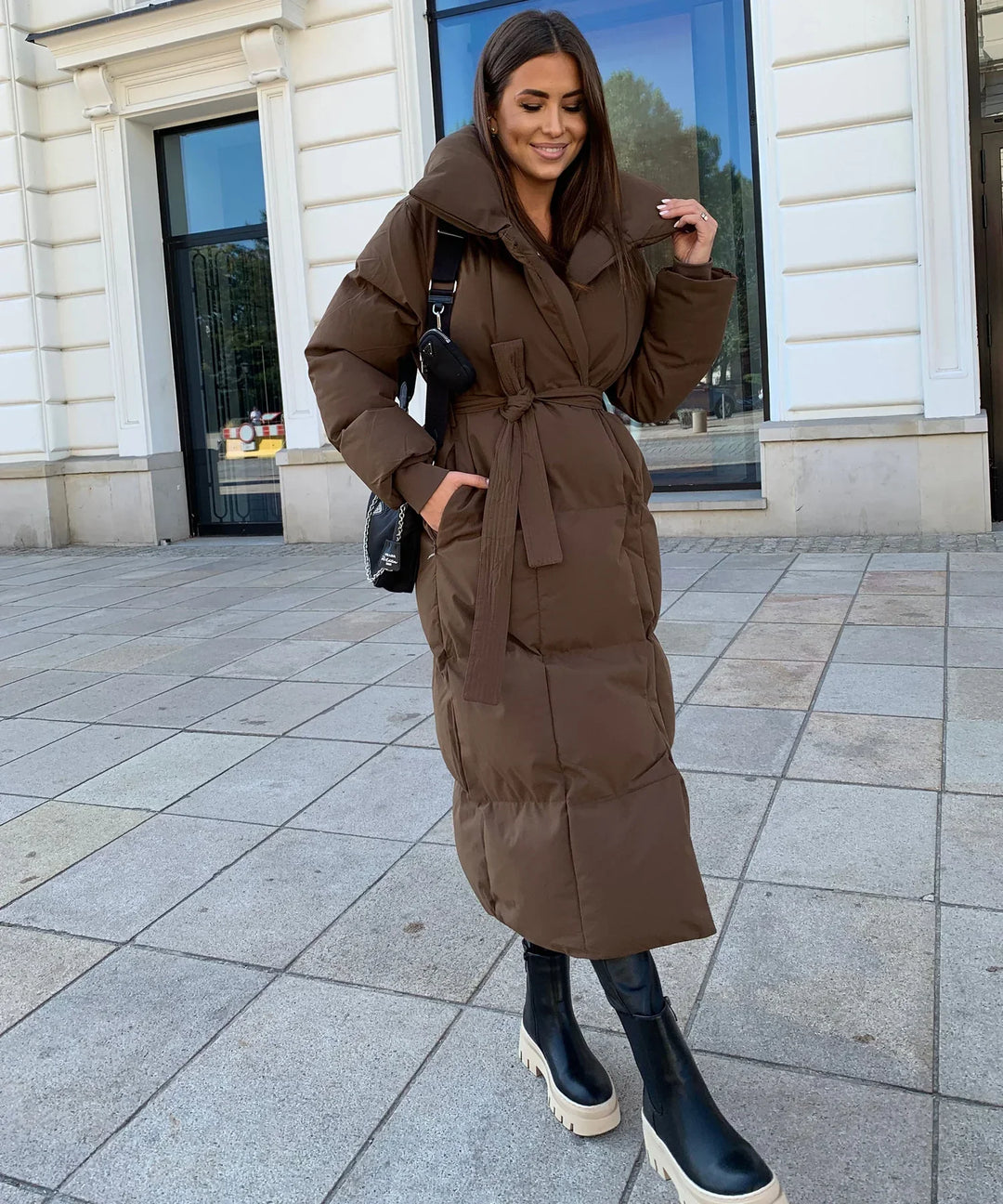 Serena - long puffer coat with belt