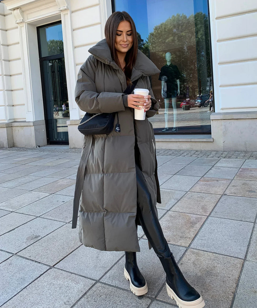 Serena - long puffer coat with belt